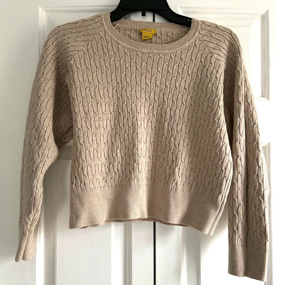 Daisy Beige Cable Knit Cropped Sweater Classic‎ Casual Long Sleeve